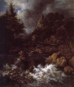 Jacob van Ruisdael Waterfall with a Half-timbered House and Castle France oil painting artist